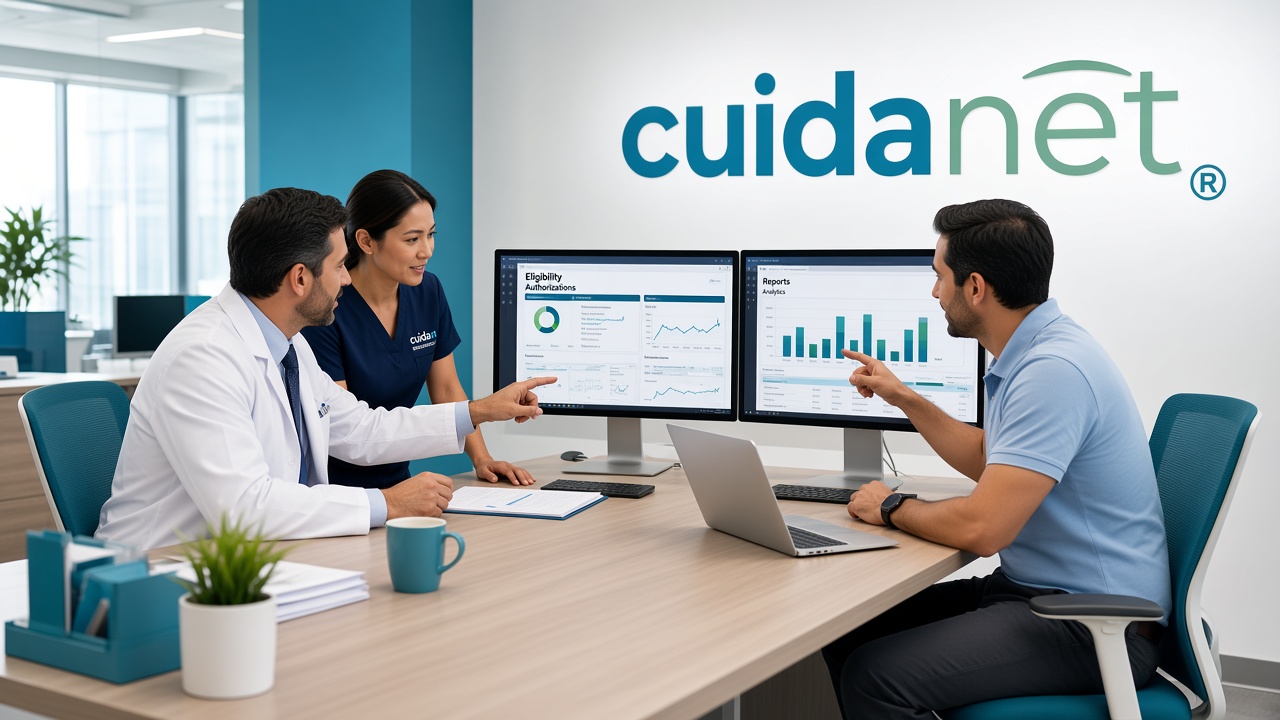 Médicos y analistas uniformados con logo cuidanet en administración clínica