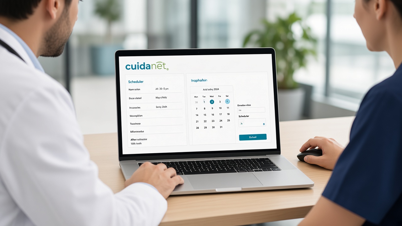 Médico y analista usando Cuidanet en laptop