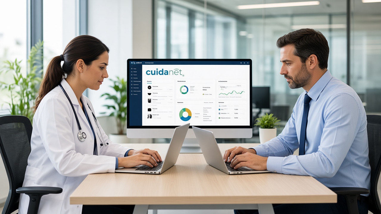Pantalla con logo Cuidanet en administración clínica